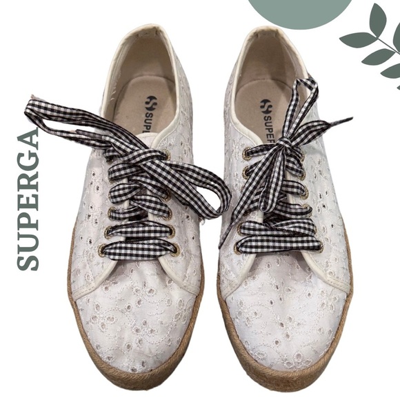 Superga White Eyelet Espadrille Platform Sneakers | Gingham Laces | Size 10 - Picture 3 of 9